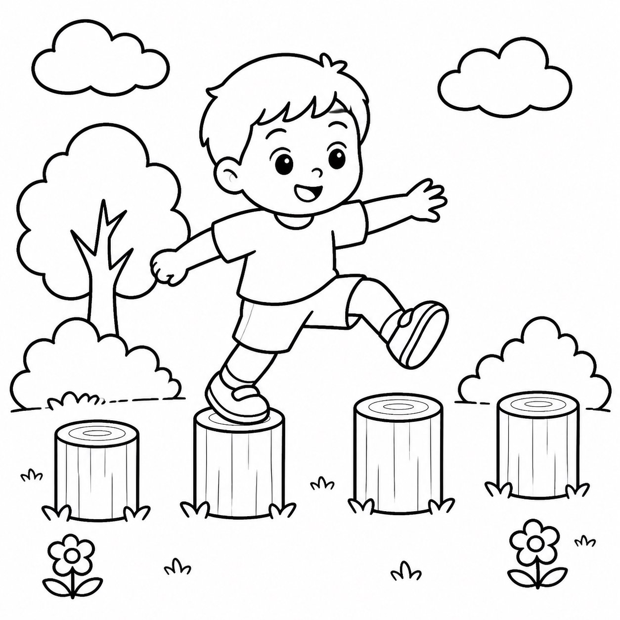 Niños cruzando pequeños troncos