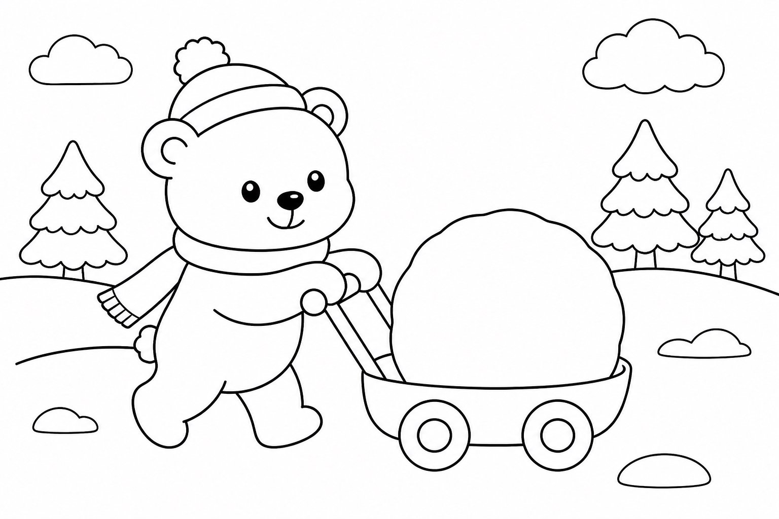 Petit ours poussant un chariot de boules de neige