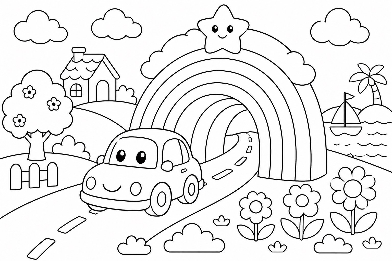 La petite voiture entre dans le tunnel arc-en-ciel