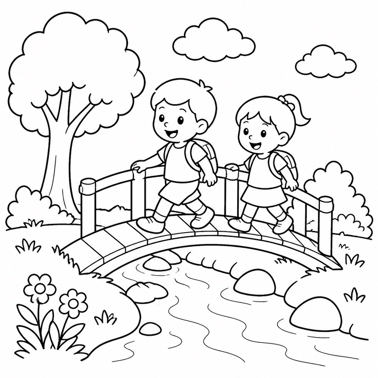 Les enfants construisent un petit pont au bord du ruisseau