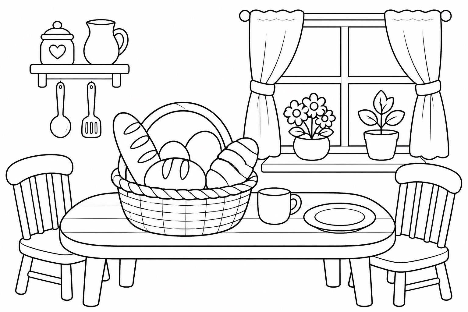 Cesta de pães junto à janela da cozinha