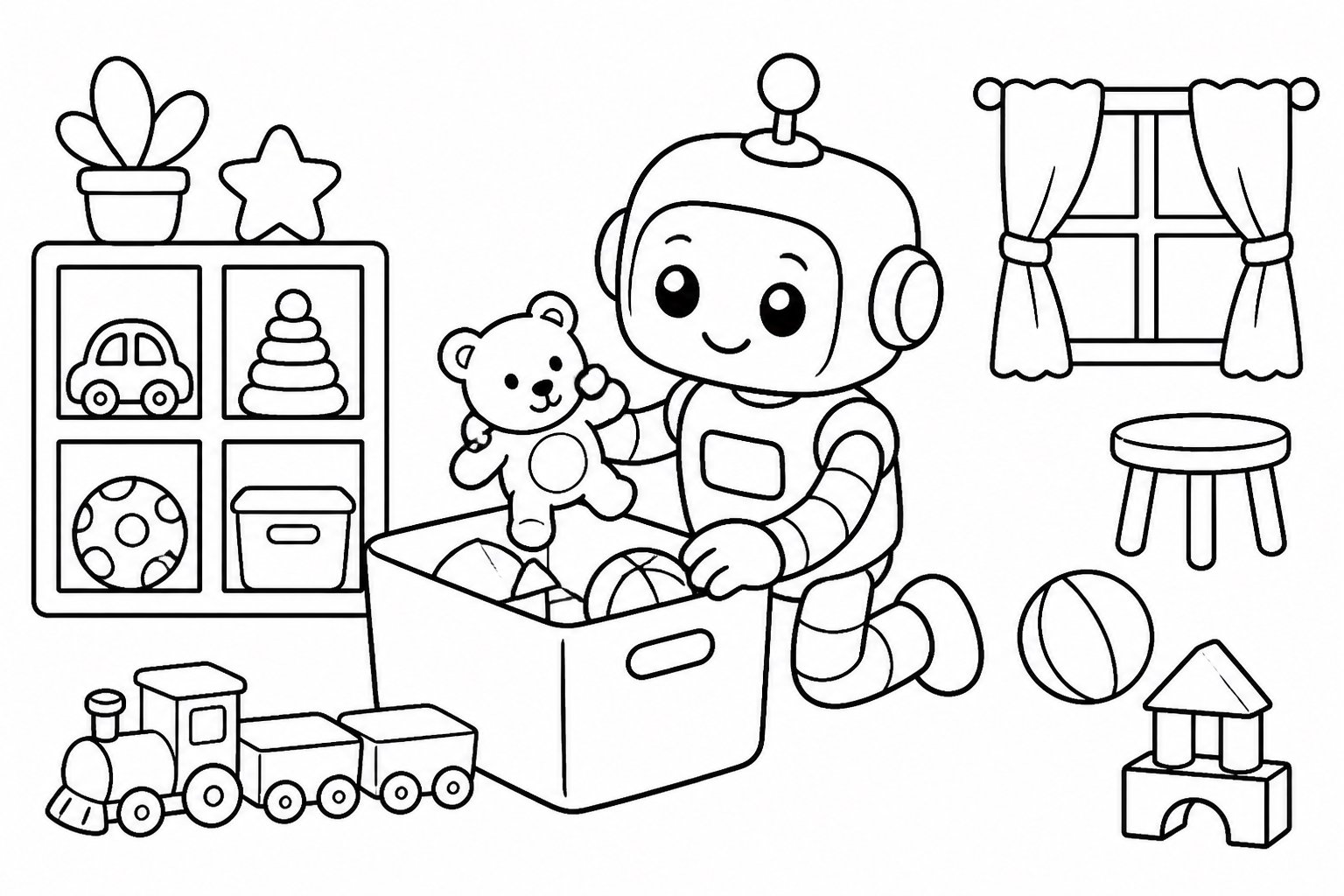 Pequeño robot ordenando juguetes