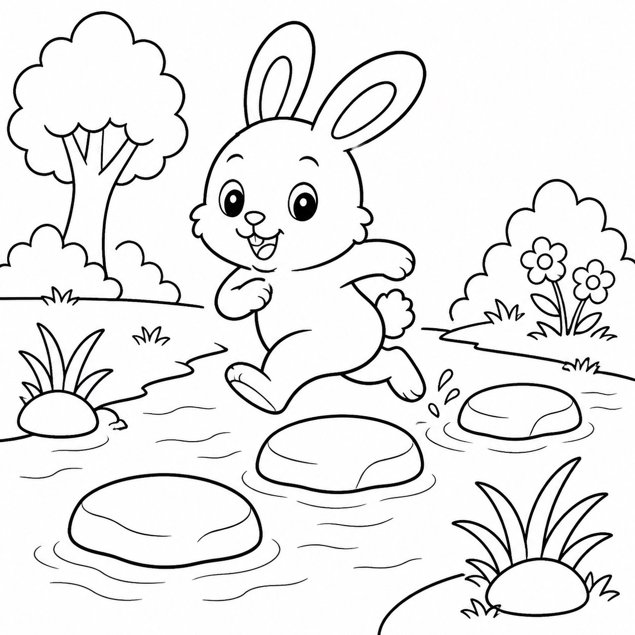 Petit lapin sautant par-dessus les rochers du ruisseau