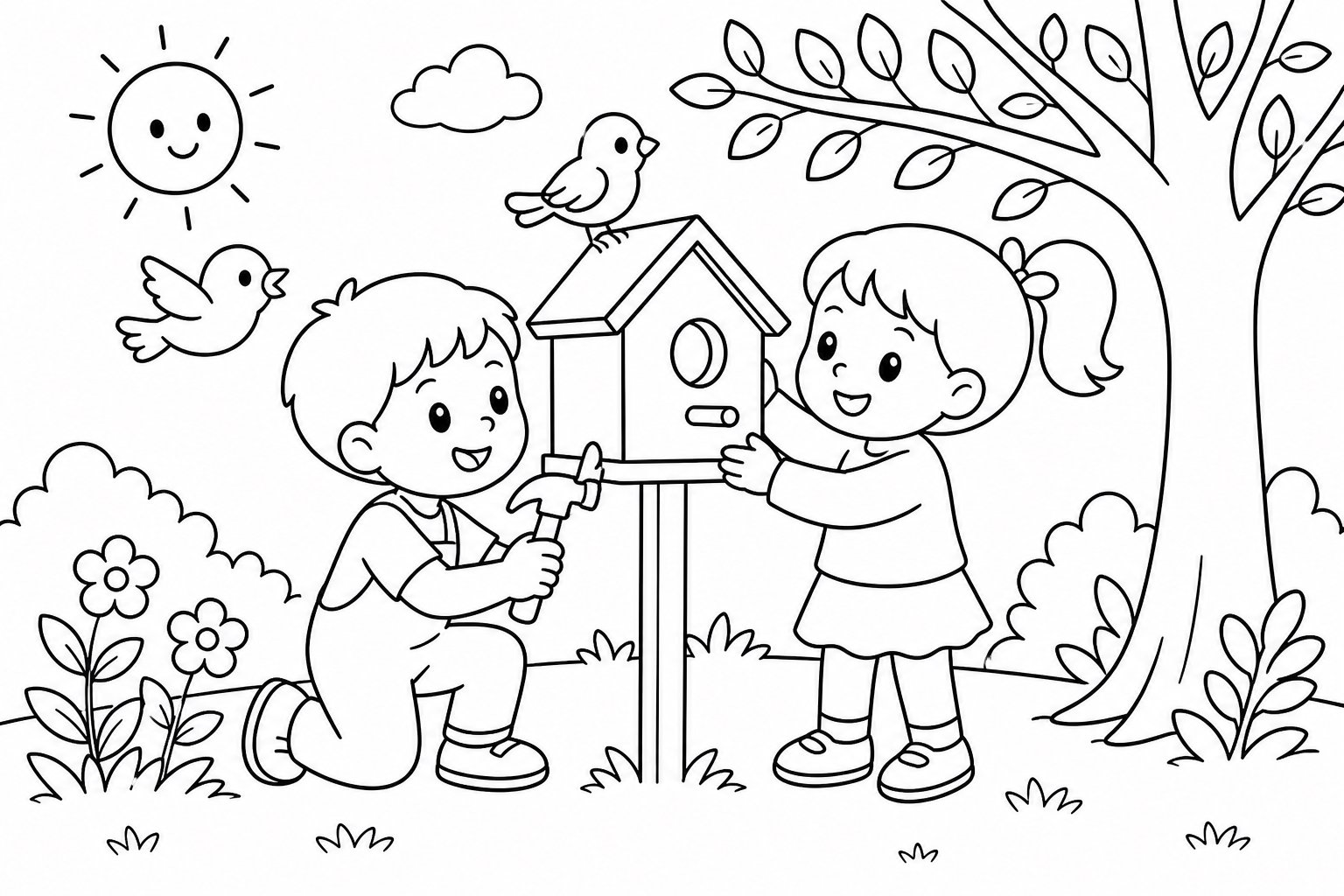 Kinder bauen ein Vogelhaus