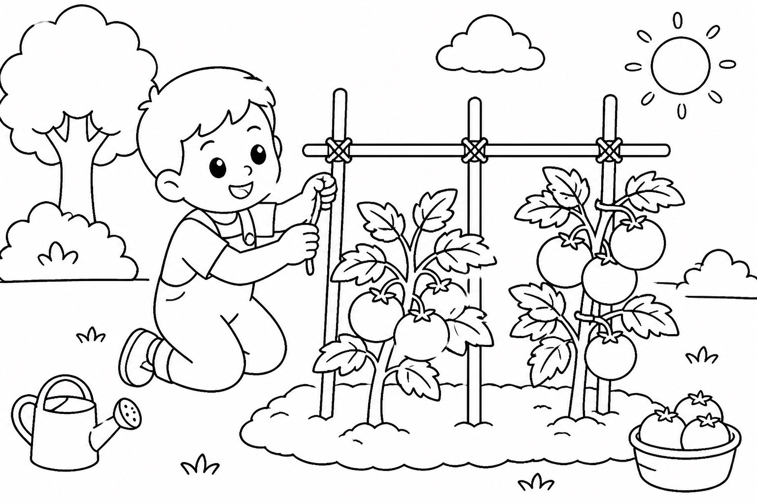Enfants construisant un tuteur pour les tomates