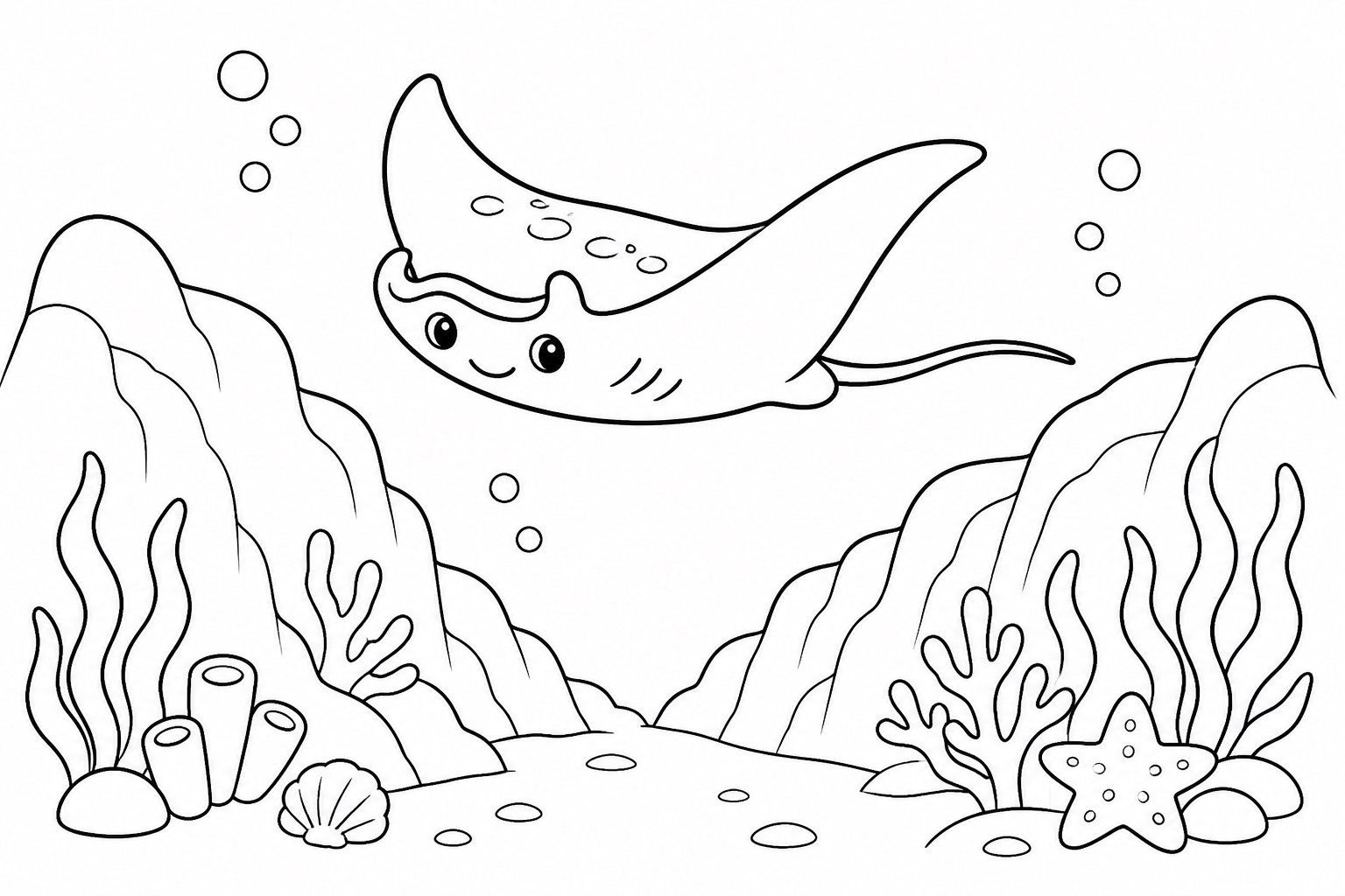 海底の谷を泳ぐエイ