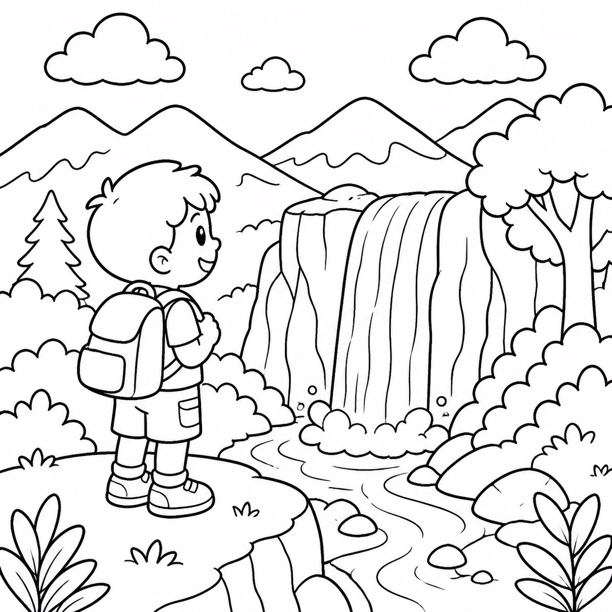 Crianças observando uma cachoeira no vale