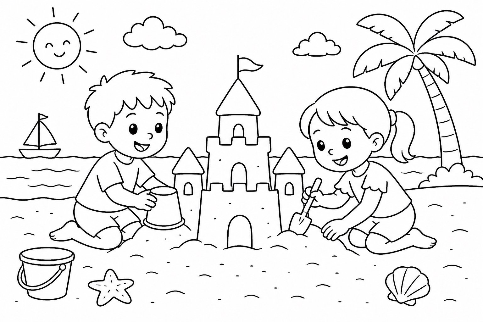 Kinder bauen eine Burg am Strand