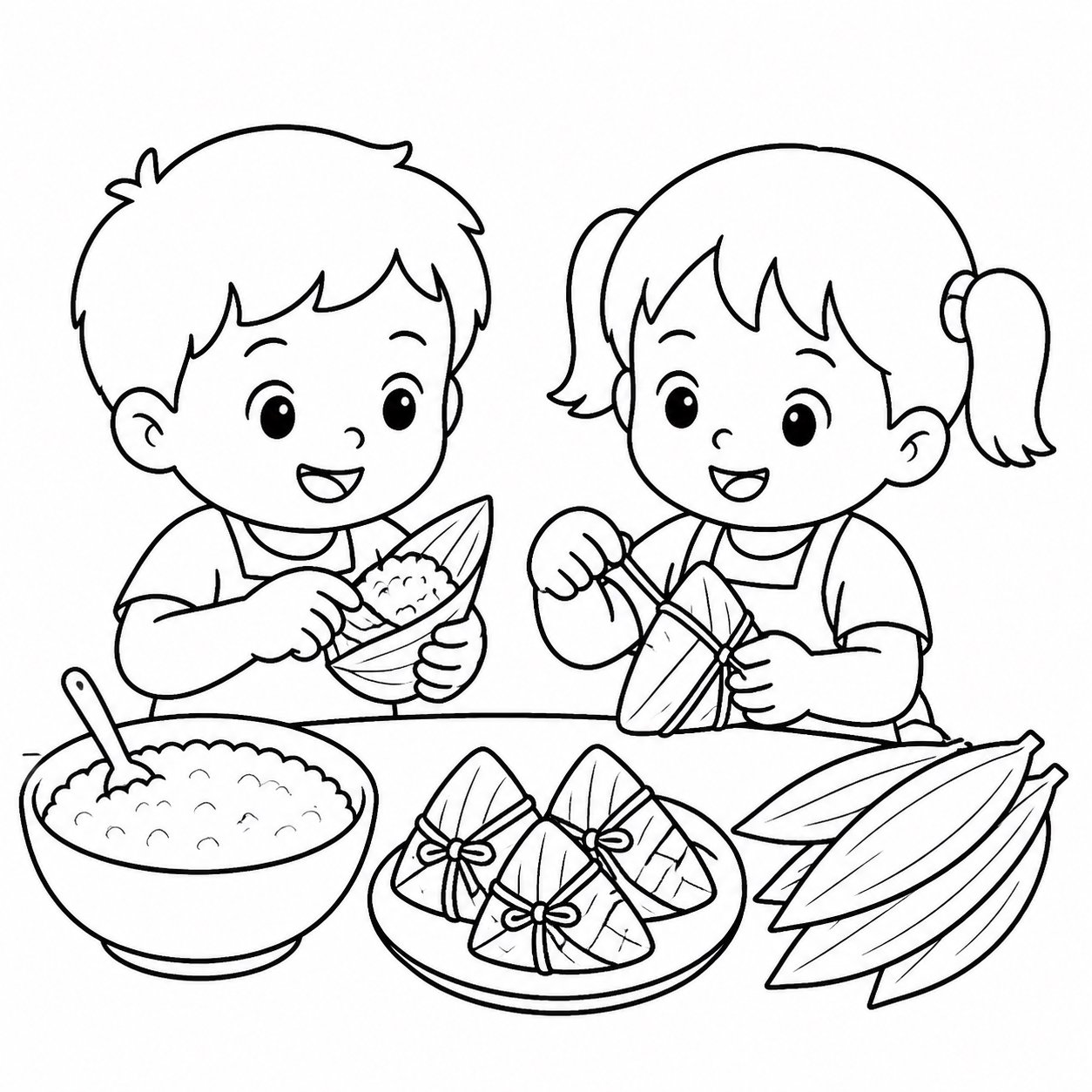 El niño envuelve dumplings de arroz