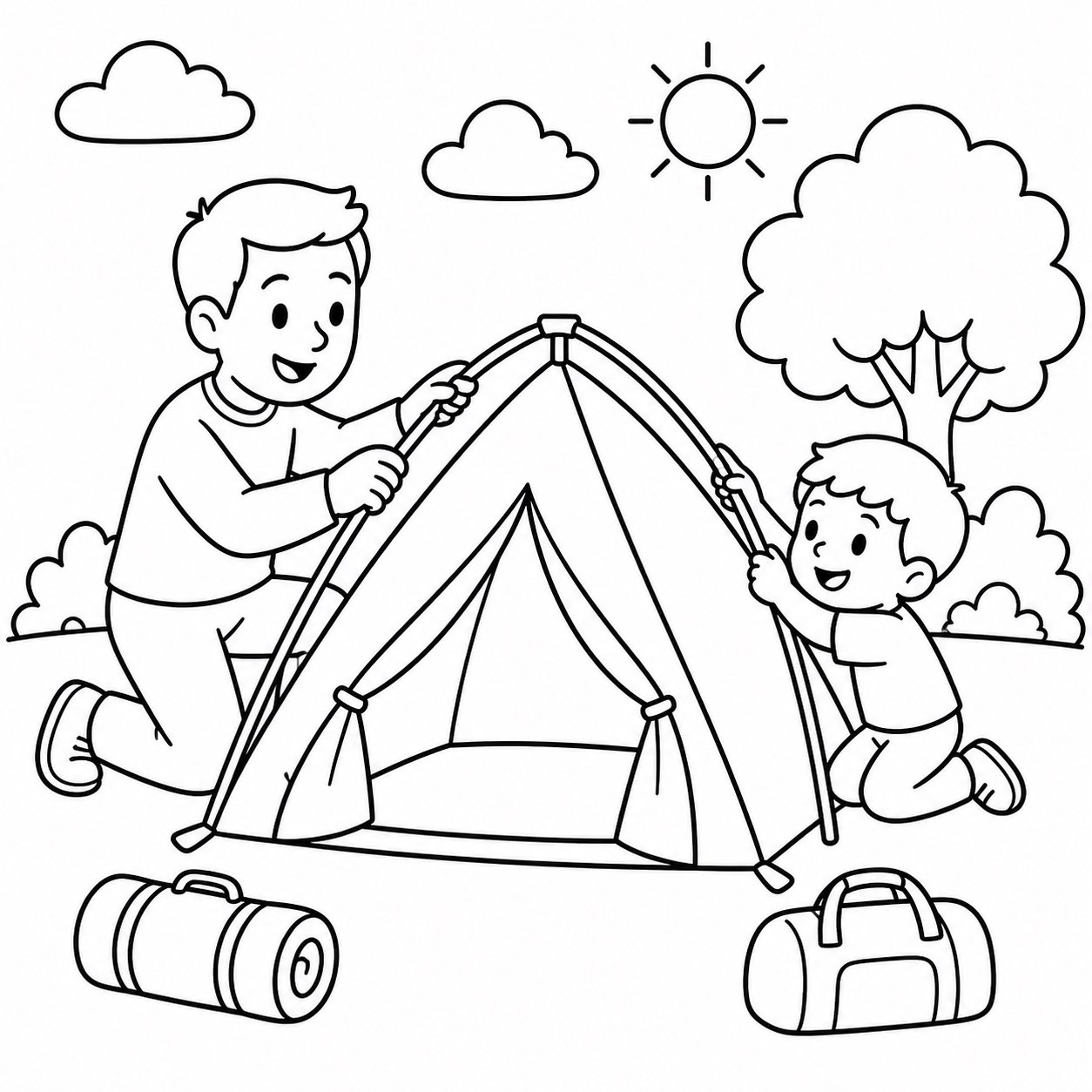 Pai e filho montam juntos uma barraca