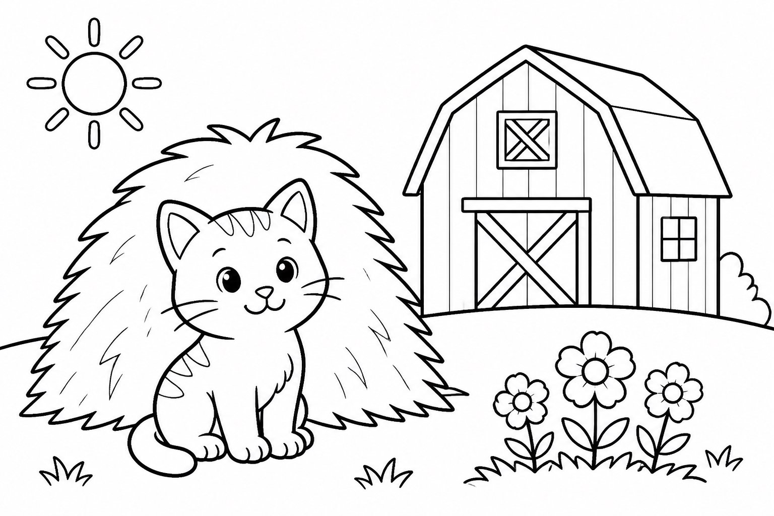 猫咪晒在稻草堆