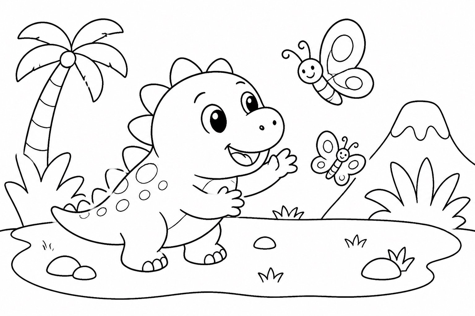 Filhote de dinossauro brincando com borboletas