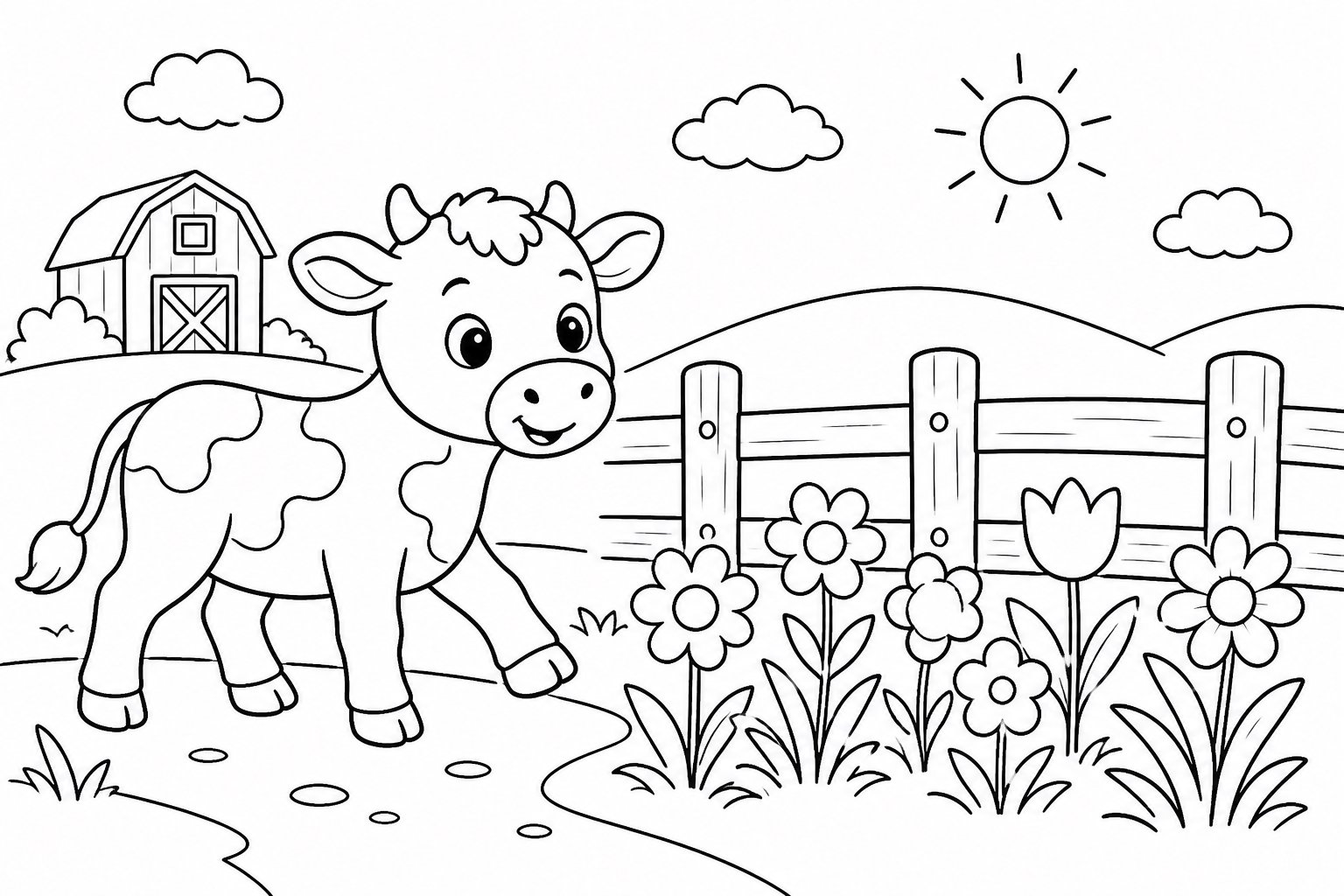 El ternero pasa por un campo de flores junto a la valla