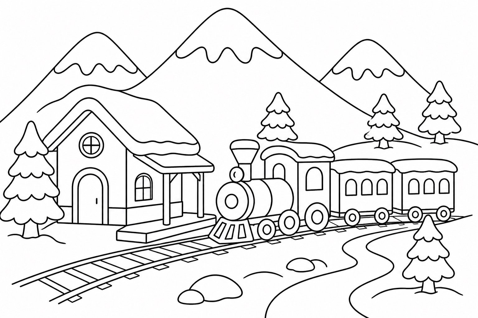 Kleiner Bahnhof unter verschneiten Bergen
