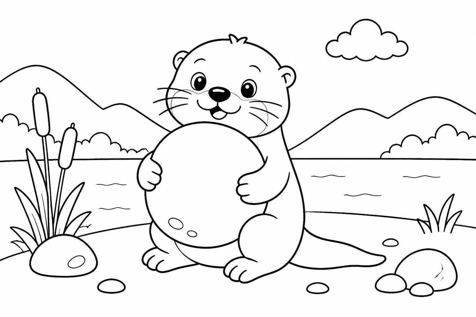 Nutria abrazando una piedra redonda