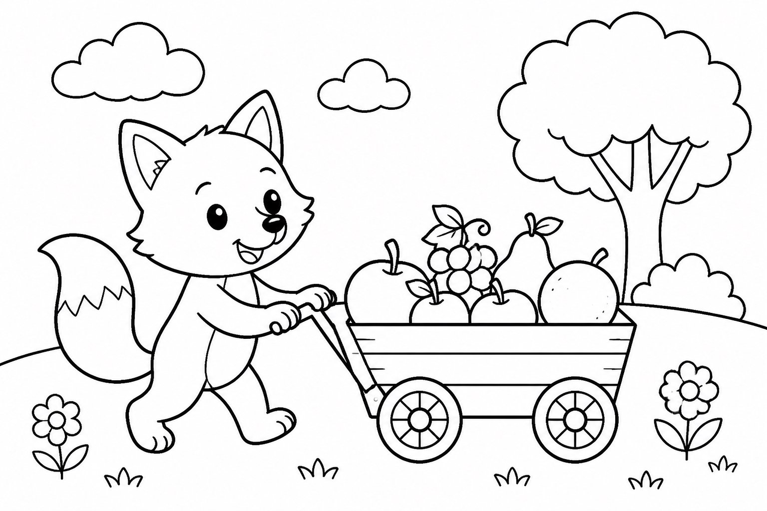 Petit renard poussant un chariot de fruits