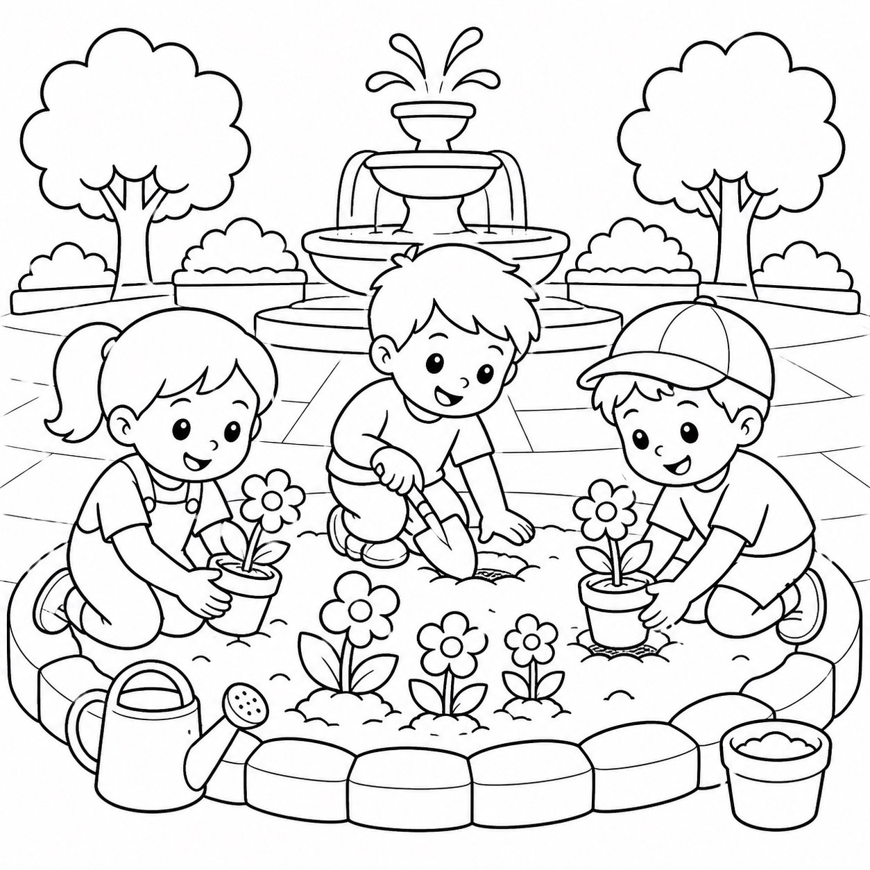 Amigos plantando flores en la plaza