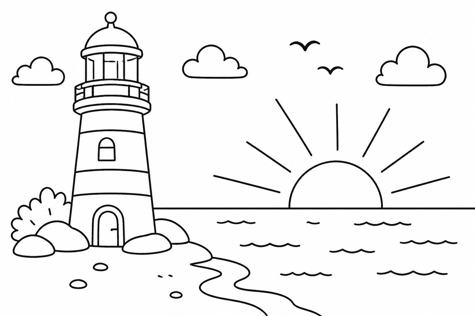 Pequeno farol ao nascer do sol à beira-mar