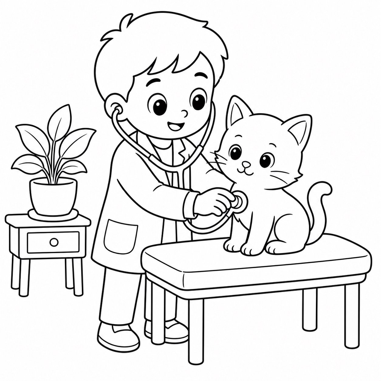 Pequeño médico cuidando a un gatito
