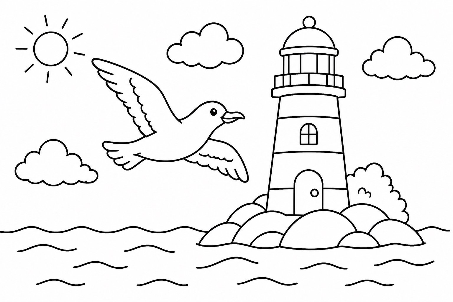 Gaviota volando sobre un pequeño faro