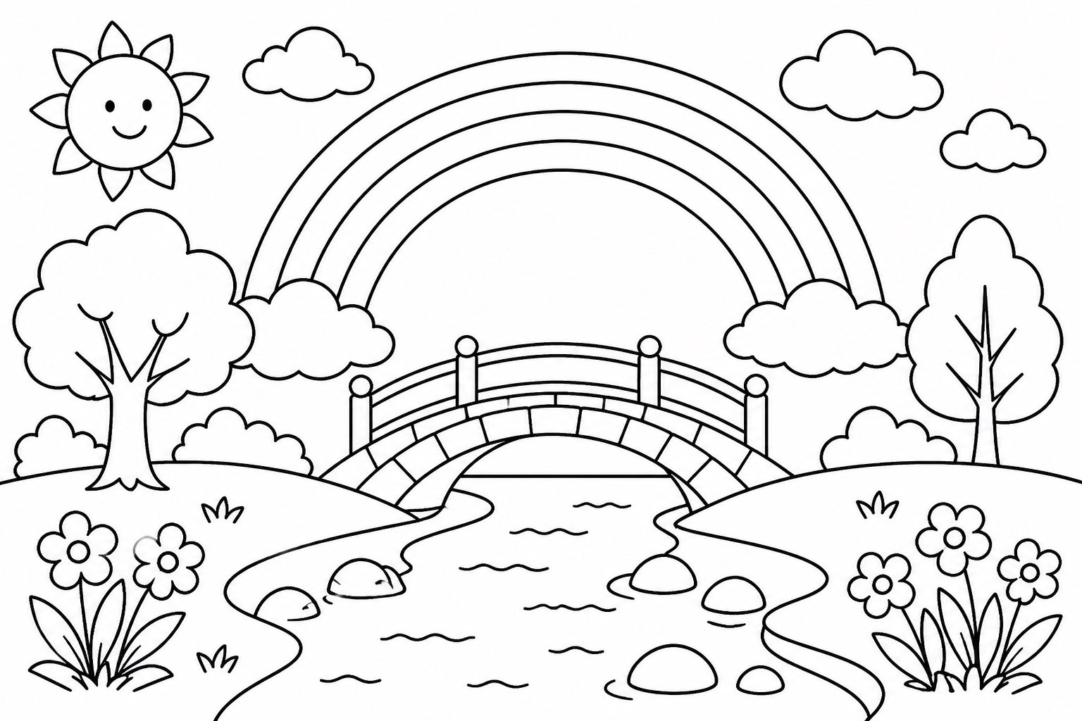 Puente sobre el arroyo bajo el arcoíris