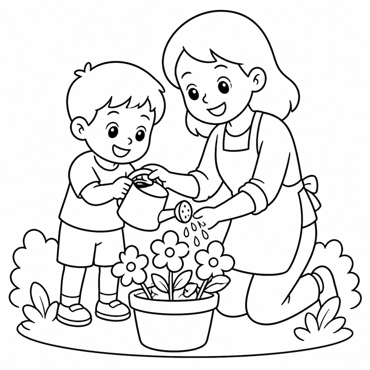 Pai e filho regam juntos as flores