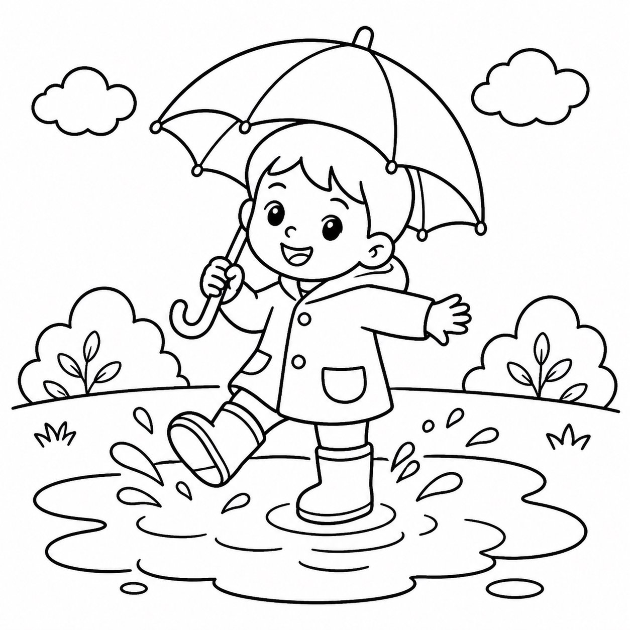 Enfant sautant dans les flaques avec un parapluie