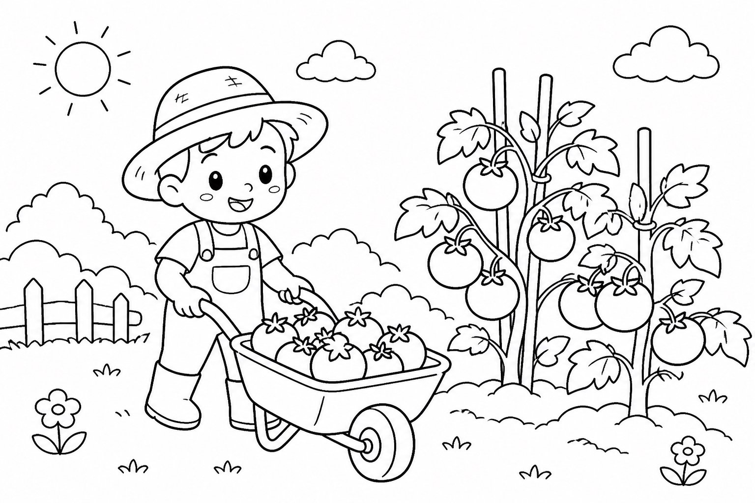 El pequeño granjero empuja un carro para recoger tomates