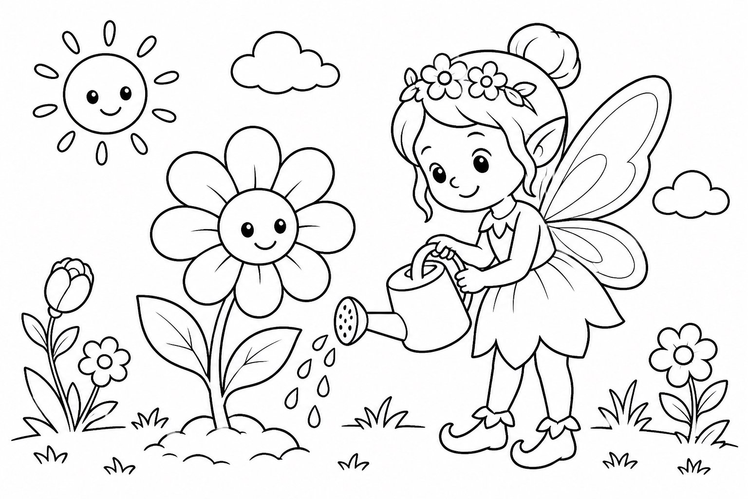 花精灵给花朵浇水