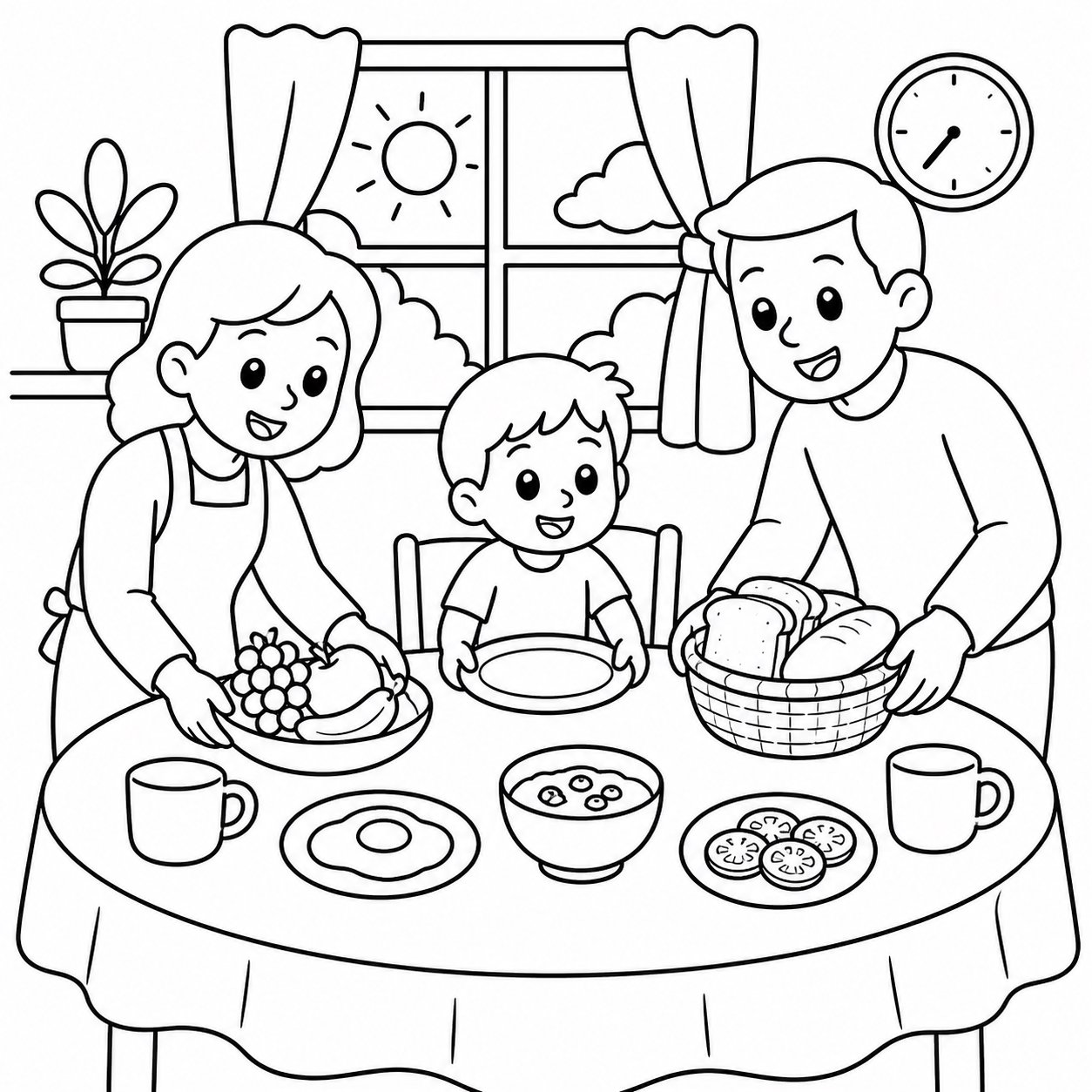 Crianças e familiares preparando a mesa do café da manhã