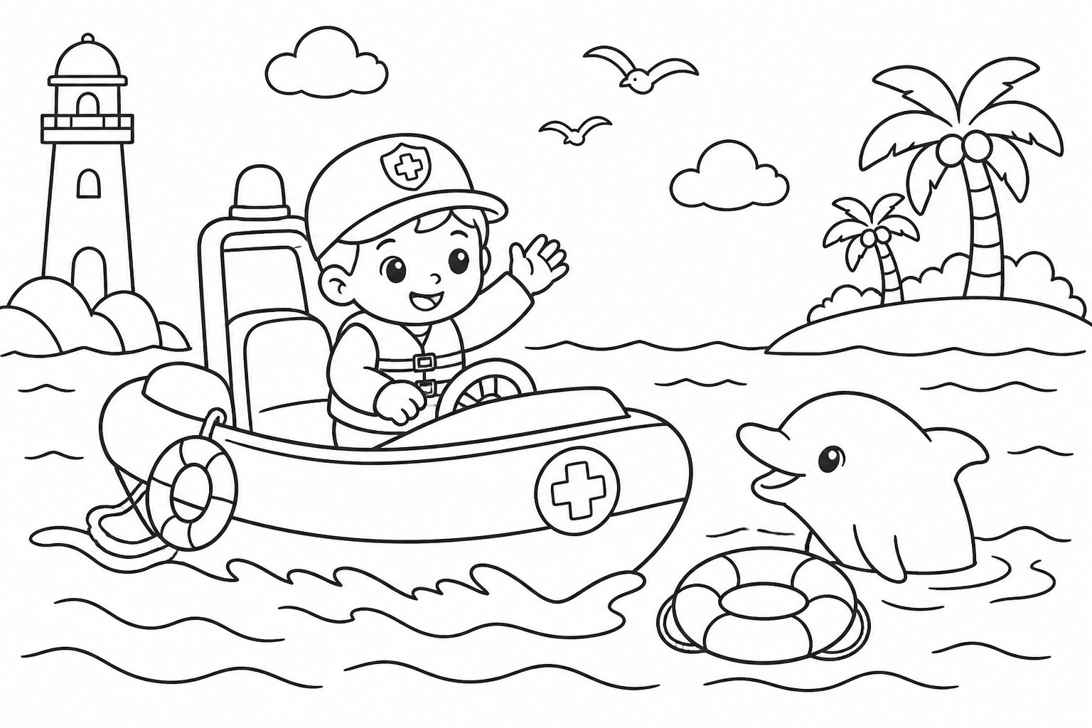 Niño conduce una lancha de rescate