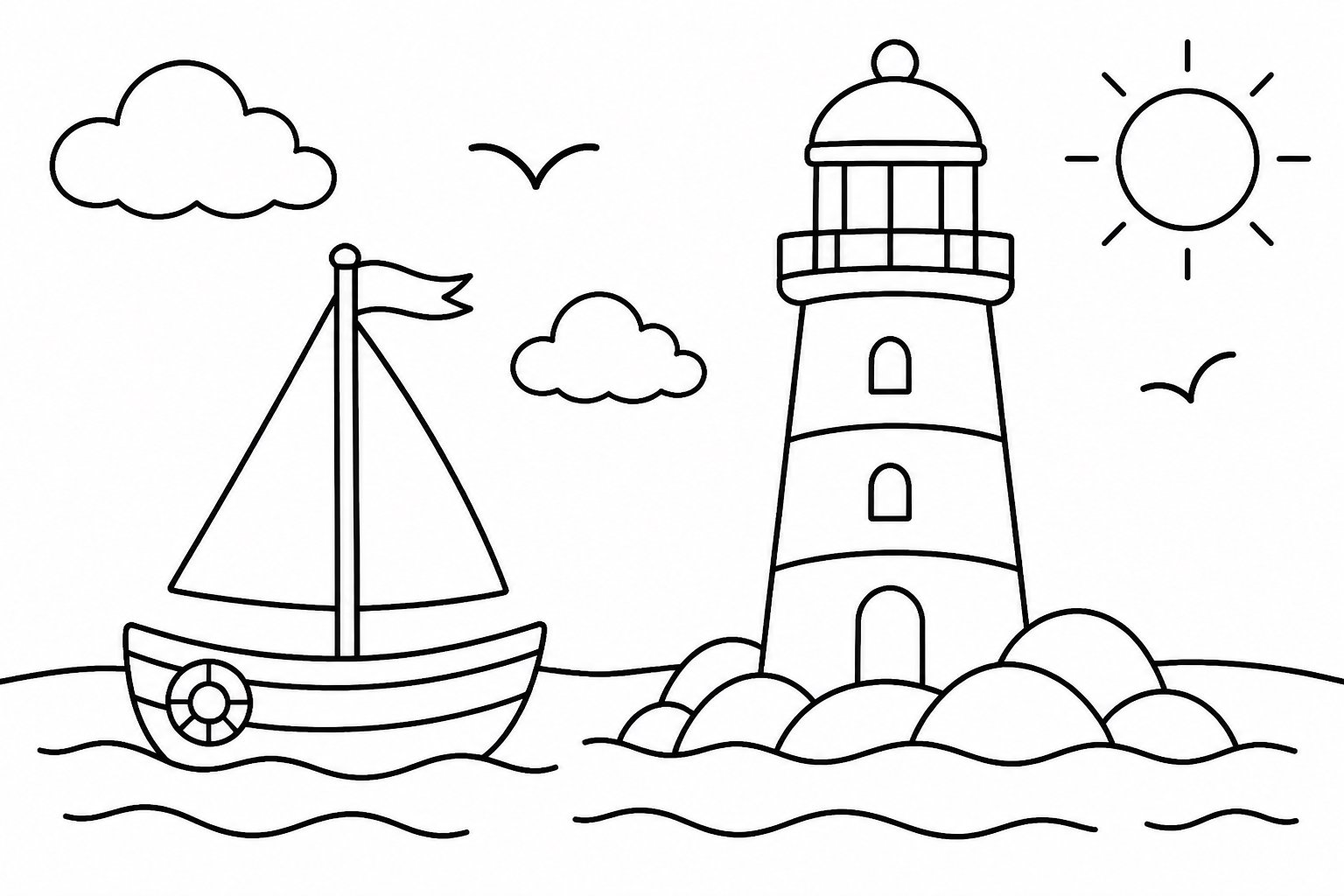 Petit voilier devant un phare en mer