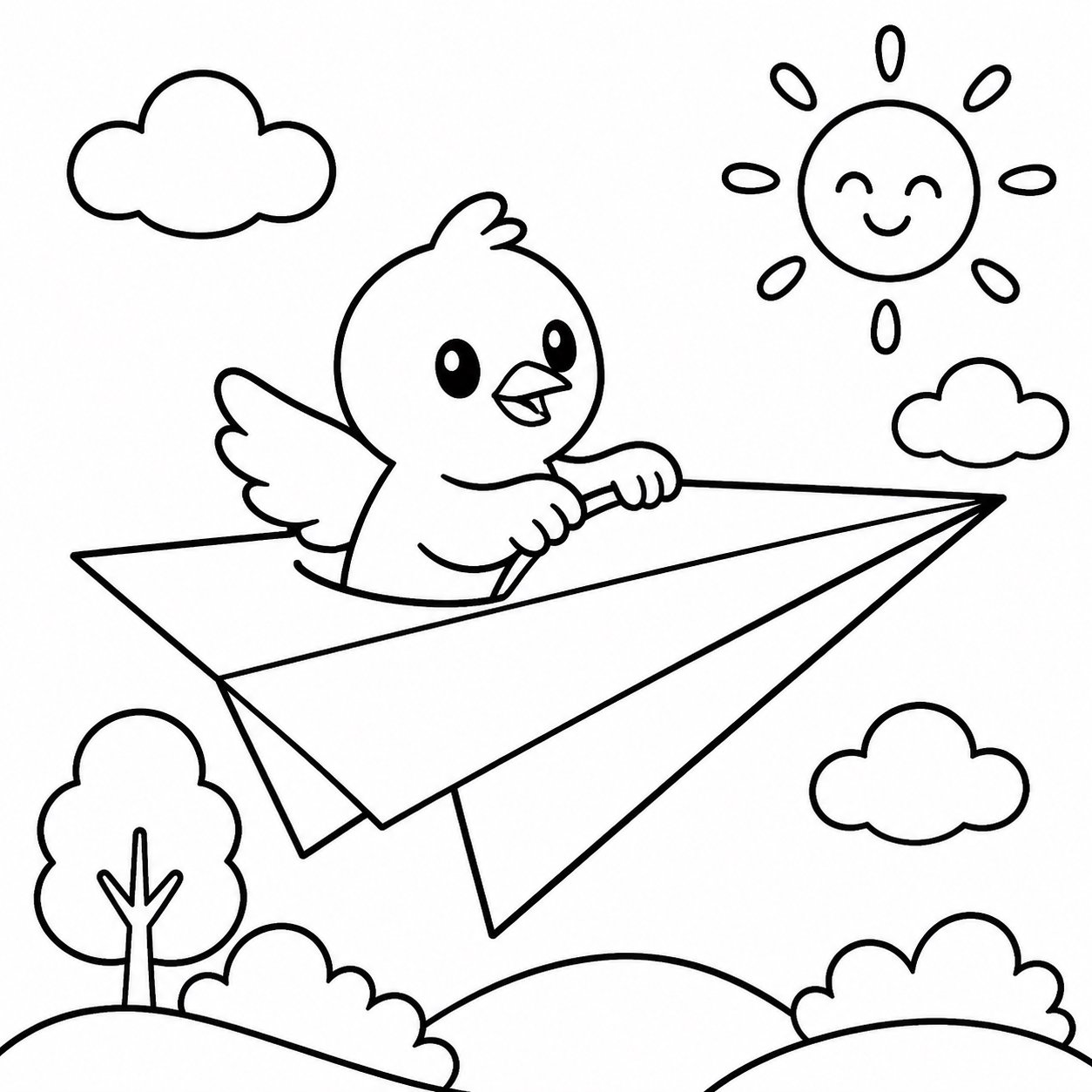 Um passarinho pilota um avião de papel