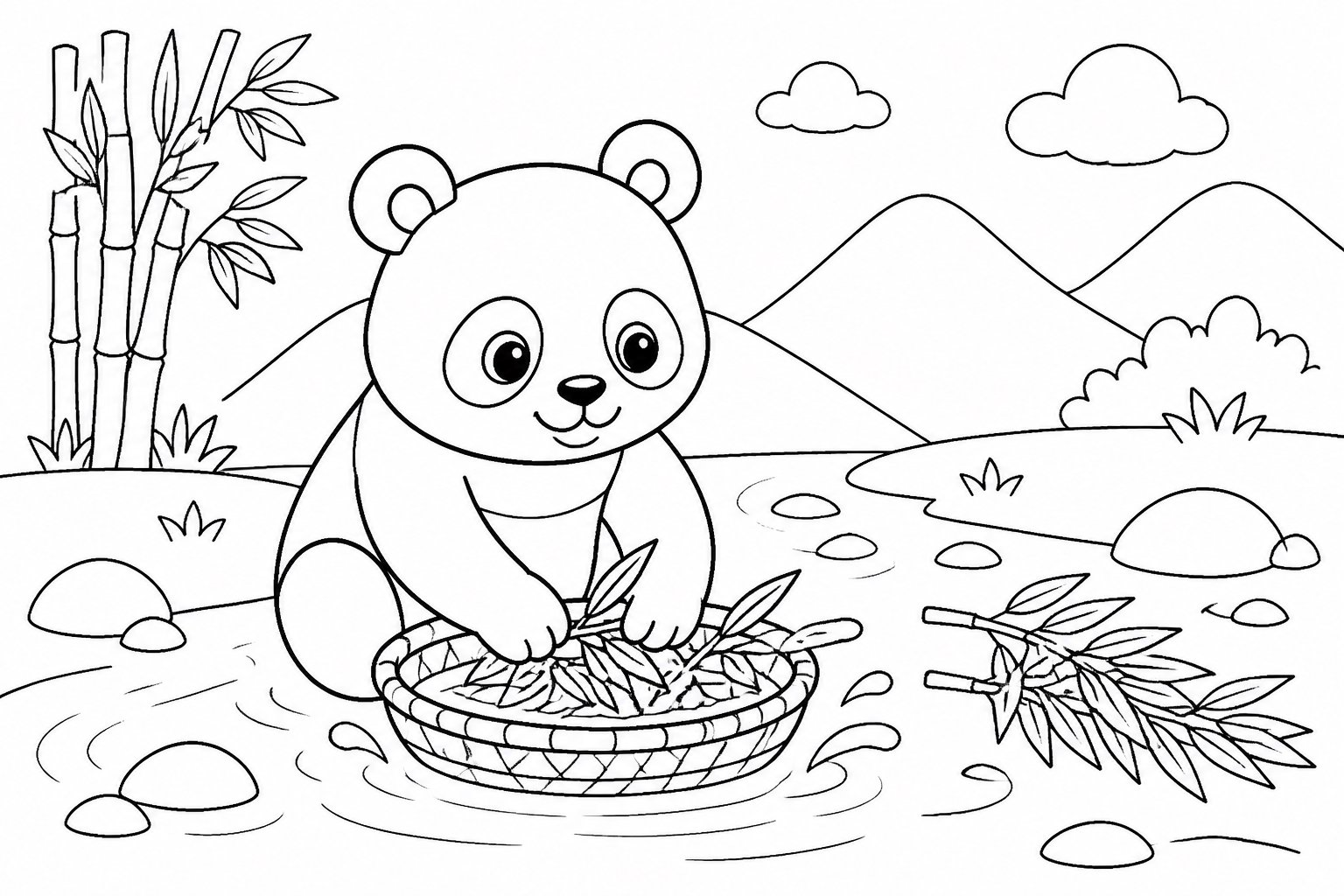 Panda lavando folhas de bambu junto ao riacho