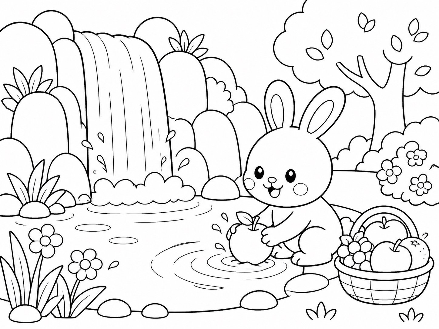 أرنب صغير يغسل الفاكهة بجانب البركة