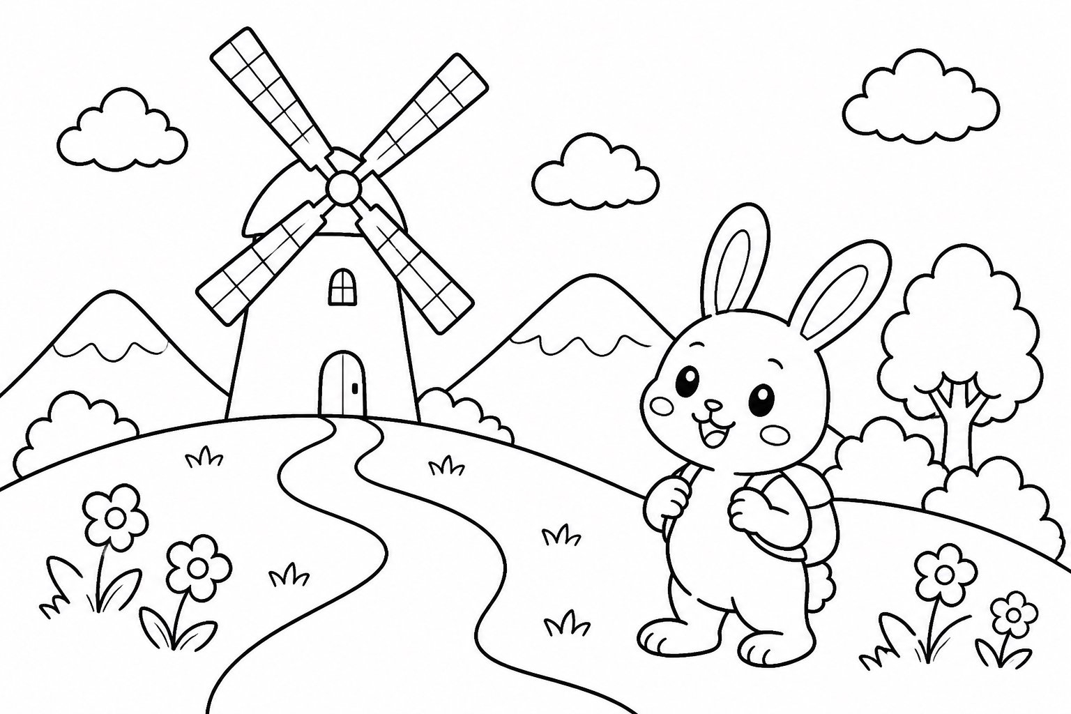 Kleines Kaninchen unter einer Windmühle am Berghang