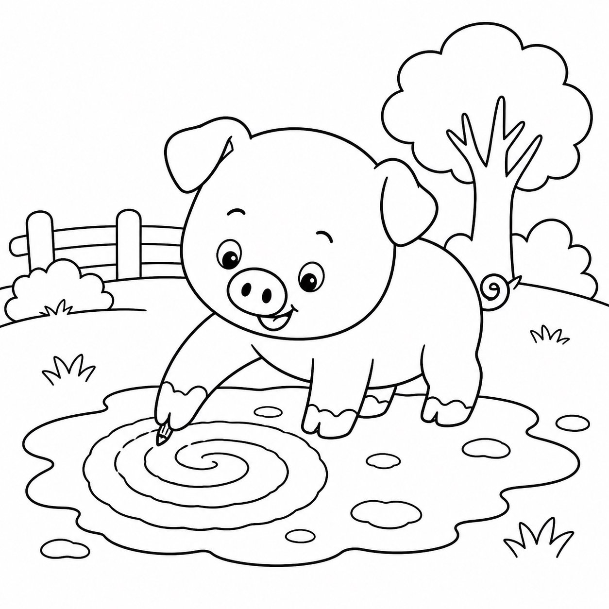 子ブタが泥に輪を描く