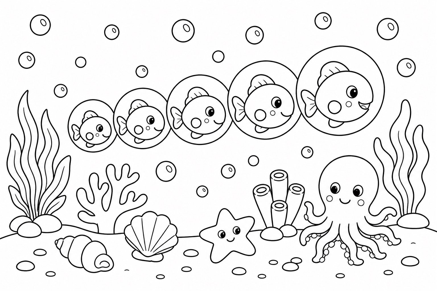 Fische reihen sich zu einer Blasenparade auf