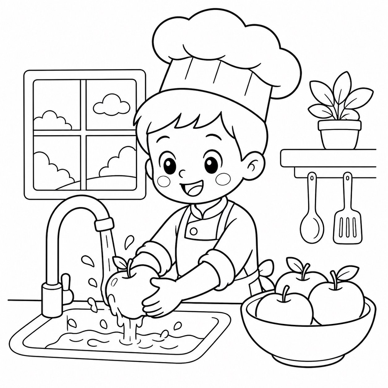 りんごを洗う小さなシェフ