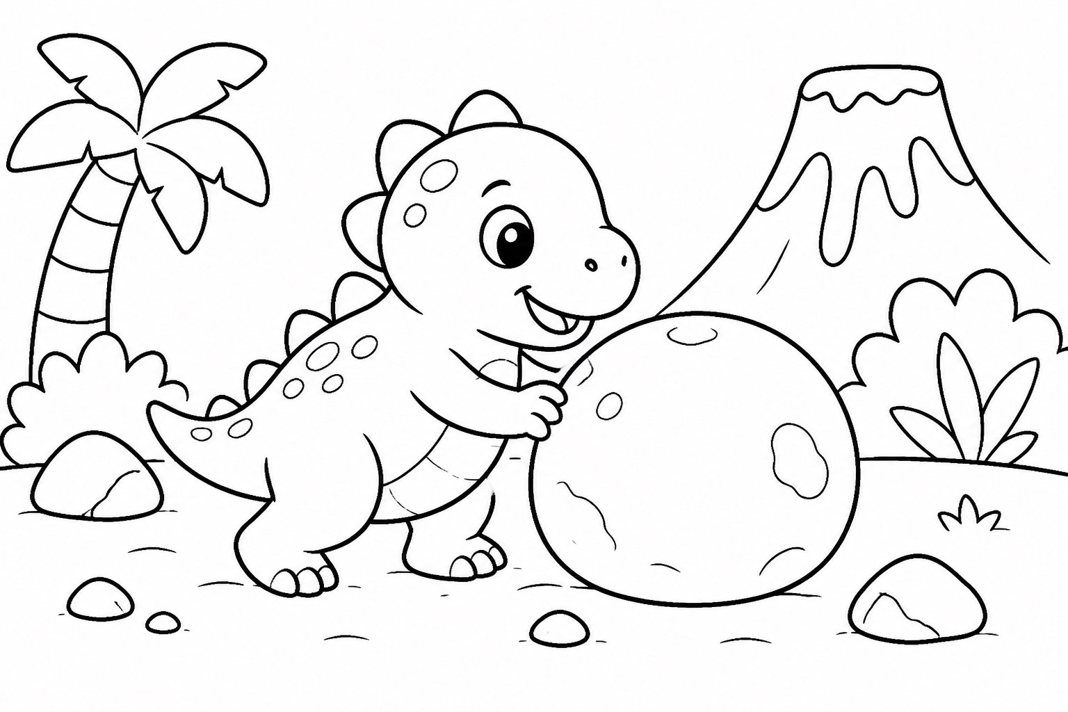 Filhote de dinossauro carregando uma pedra redonda