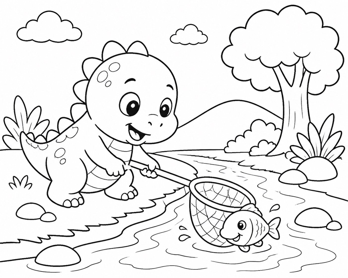 Bébé dinosaure attrapant des poissons au bord d’un ruisseau