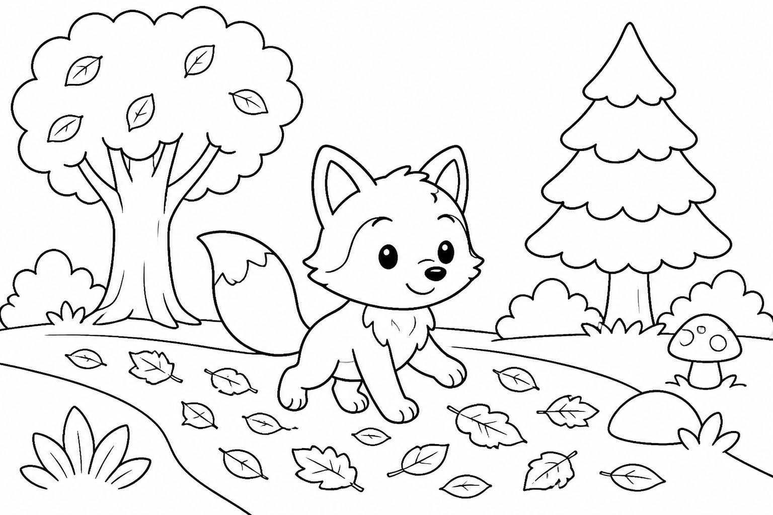Petit renard traversant un sentier couvert de feuilles