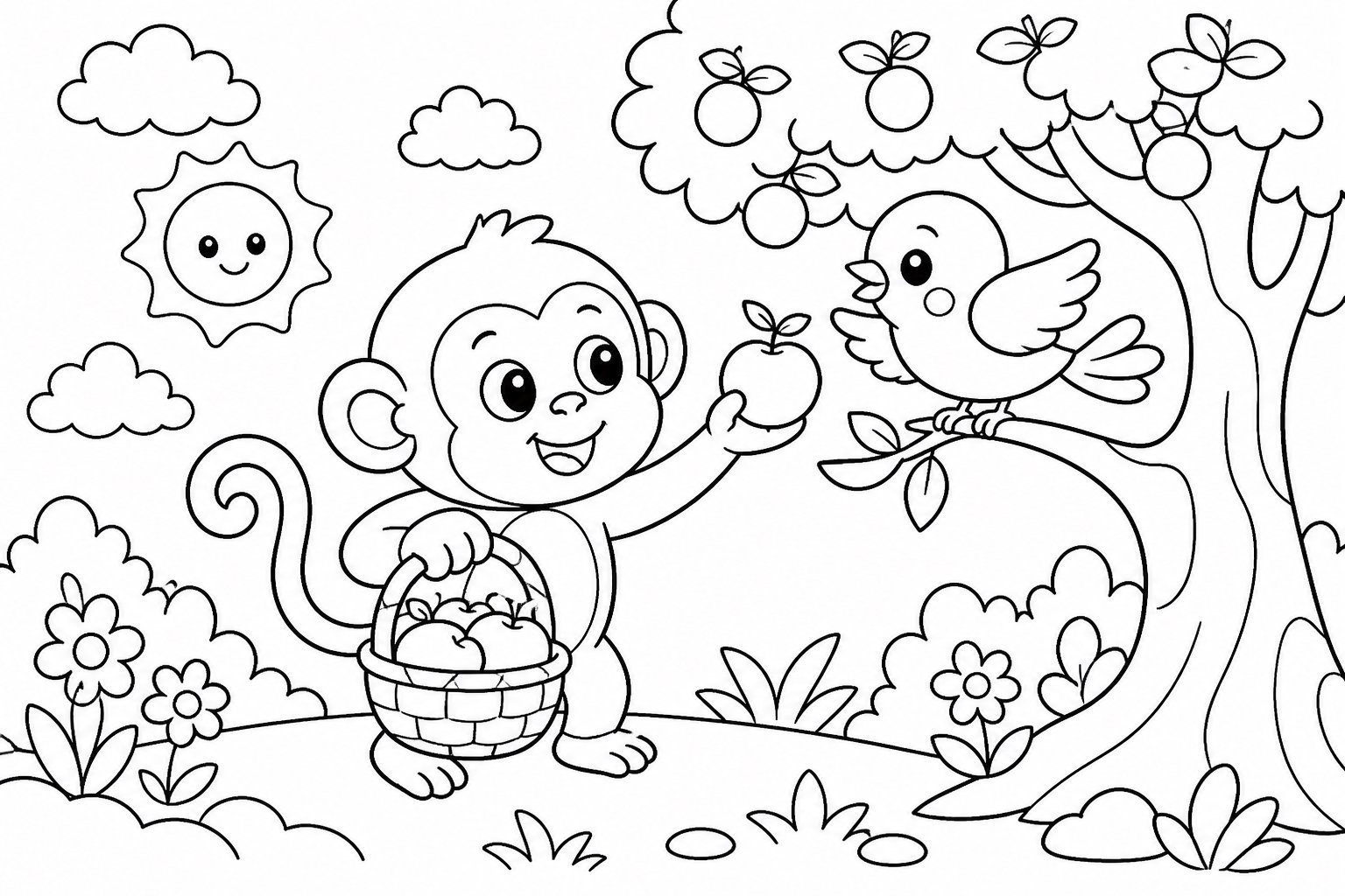 O macaquinho ajuda o passarinho a encontrar frutas