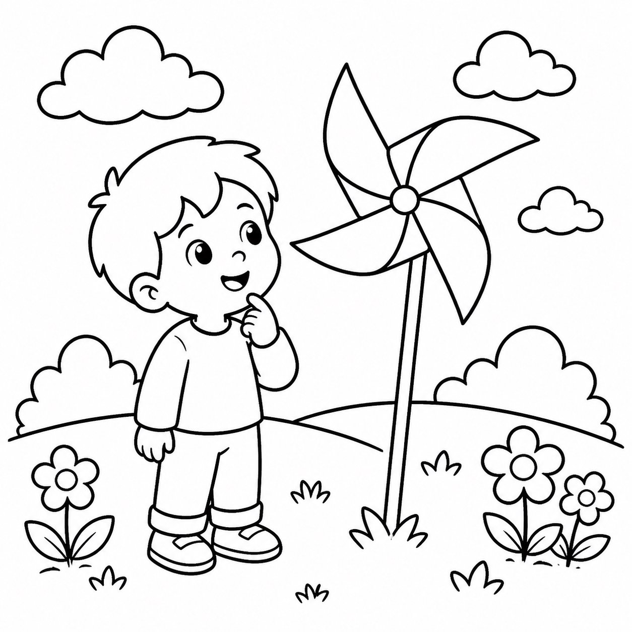 Niños observando un molino de viento