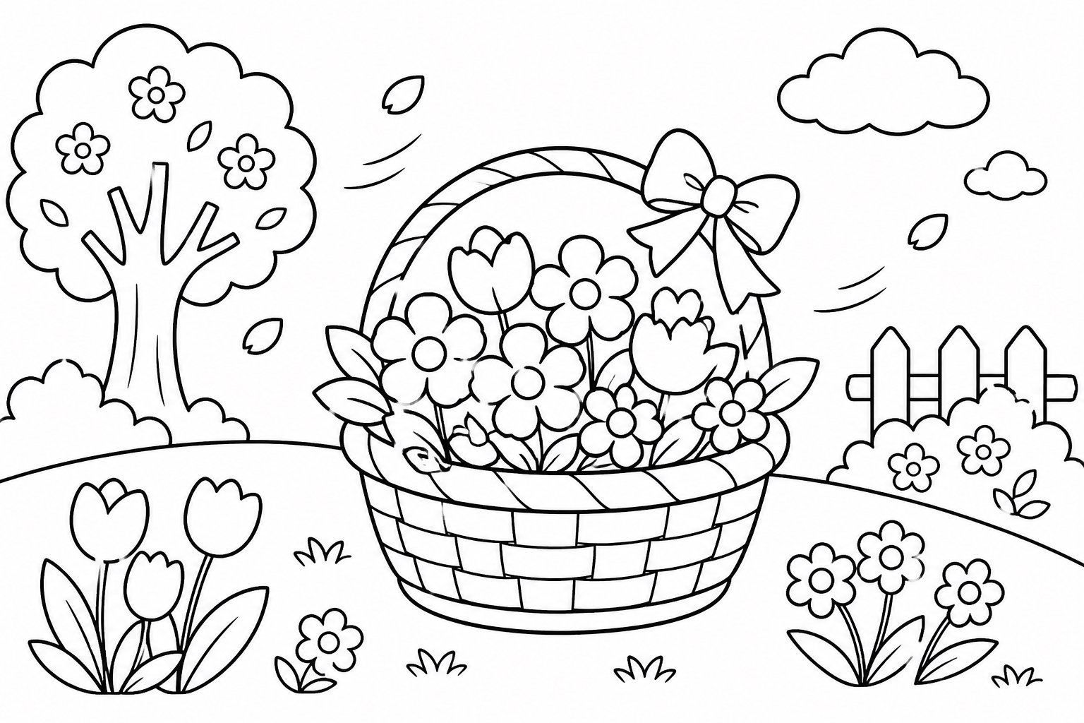 Pequeña cesta de flores en la brisa primaveral