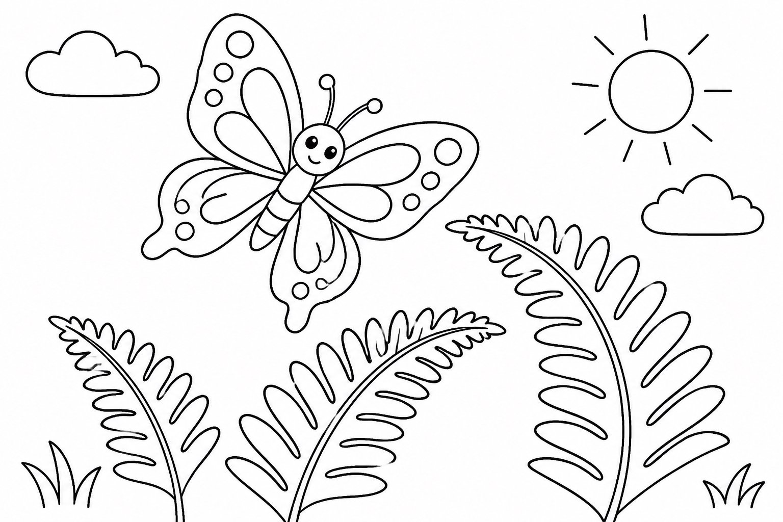 Papillon volant au-dessus des feuilles de fougère