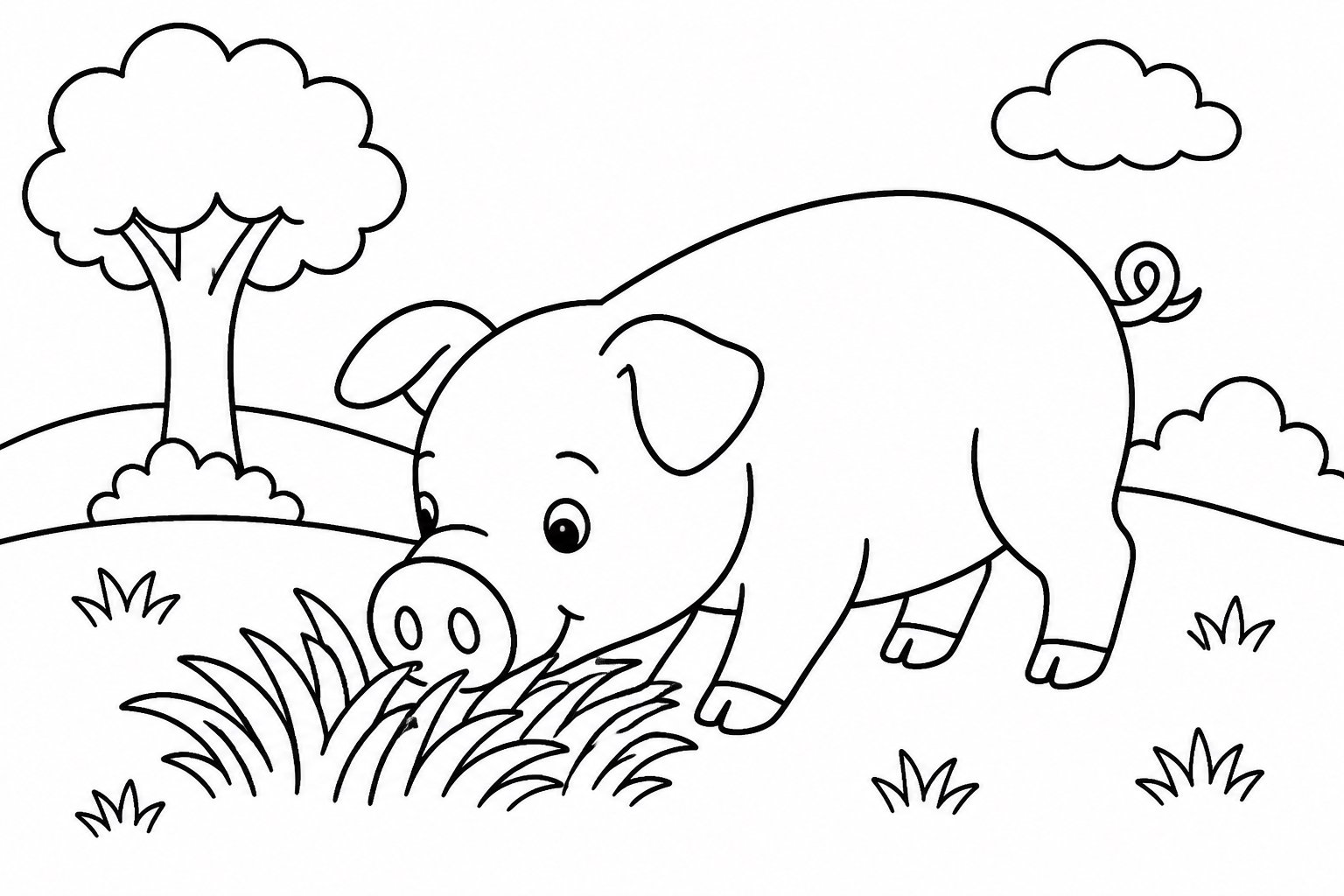 Petit cochon fouillant dans l’herbe verte