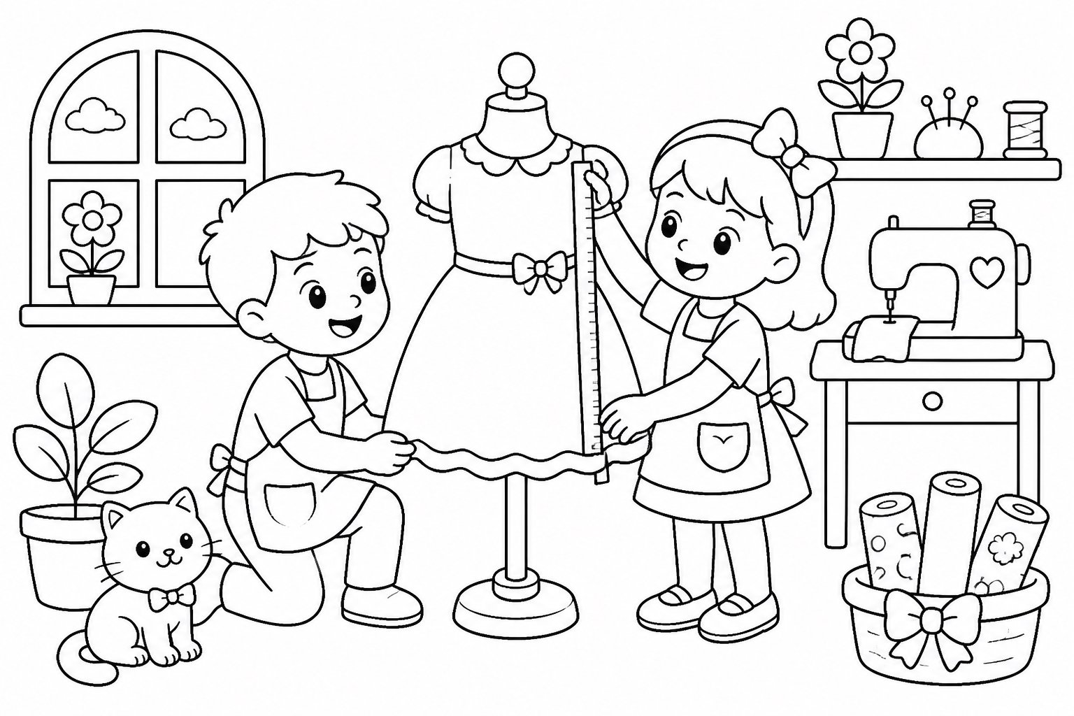 服の長さを測る子どもたち
