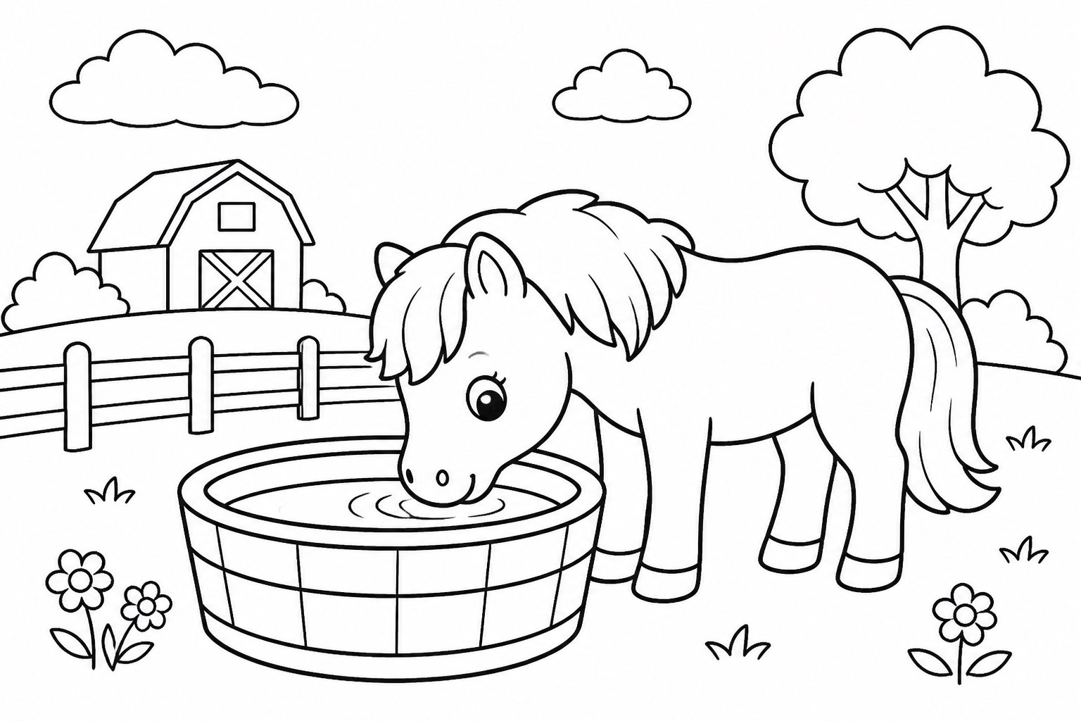 El poni bebe junto al abrevadero