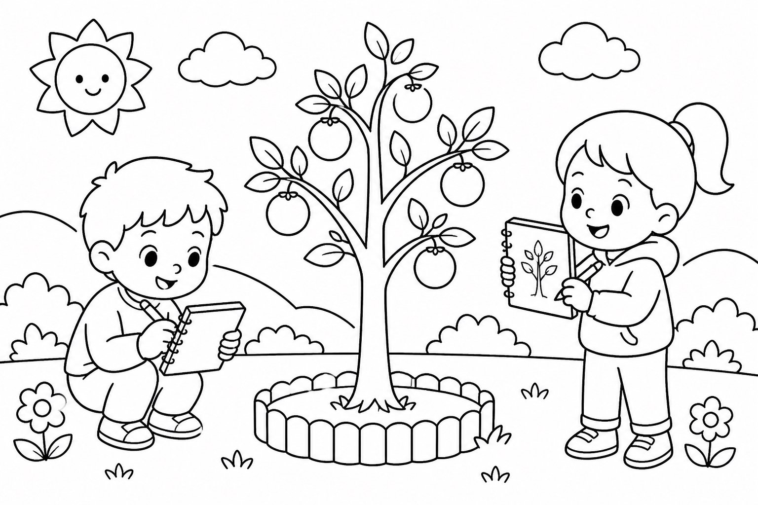 Kinder dokumentieren das Wachstum eines Obstbaums